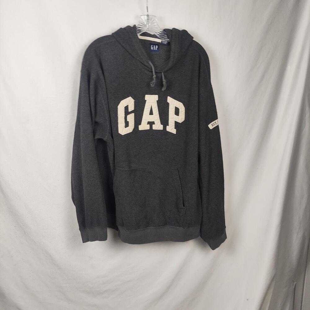 Gap Hoodie Mens Large Gray Fleece Pullover GAP Logo Kangaroo Est 1969 Sweatshirt